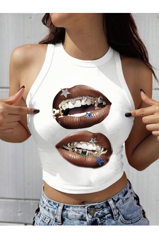 Afri Kadınbeyaz Baskılı Crop Atlet Diş Grillz Desenli, Sokak Modası Tarzı Beyaz