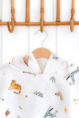 Esti Baby Kapşonlu Müslin Panço %100 Pamuk Bebek / Çocuk Plaj Havlusu / Bornozu Animal Party