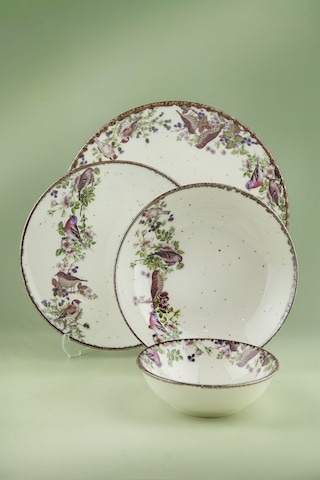 Retro Birds Porselen Akıtma 6 Kişilik 24 Parça Yemek Takımı Bej