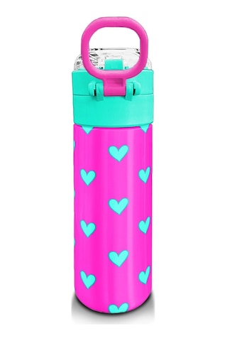 Coral High Kids Neon Pembe Su Yeşili Kalp Desenli Pipetli Ve Direkt İçim Çelik Termos 500 Ml 31906 Pembe - Açık Yeşil
