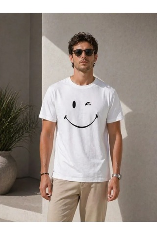 Defymoda Erkek Minimal Gülümseyen Yüz Baskılı Tişört Kısa Kol Yazlık T-shirt - Beyaz