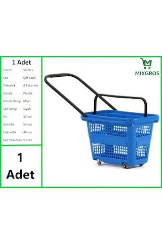 Tekerlekli Plastik Market Alışveriş El Sepeti 54 Litre Mavi 1 Adet