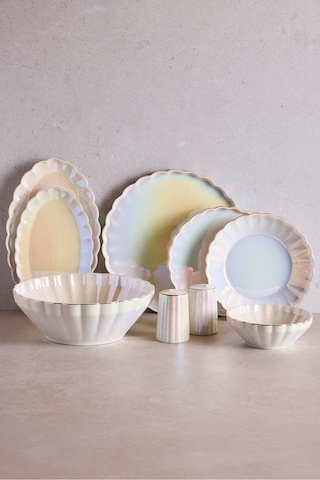 İstanbul Pearl 29 Parça 6 Kişilik Porselen Yemek Takımı Parlak Sedefli Servis Seti Beyaz Beyaz