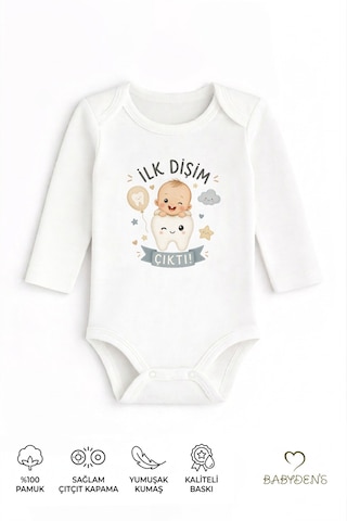 Babyden's İlk Dişim Çıktı Baskılı Uzun Kol Bebek Body %100 Pamuk Unisex Diş Buğdayı Konsept Çıtçıtlı Zıbın Beyaz