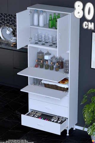 Ekin 80 Cm Bakliyat Dolabı Kahve Köşesi 3 Çekmeceli Çok Amaçlı Mutfak Kiler Banyo Dolabı Beyaz