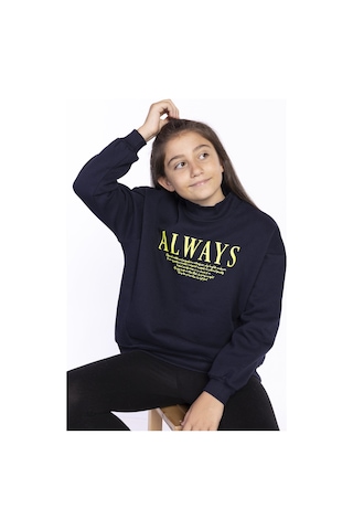 Toontoy Kız Çocuk Baskılı Balıkçı Yaka Sweatshirt Lacivert