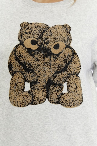 Gidia Kadife Ayıcıklar Desenli Gri Melanj Yumuşak Dokulu Regular Fit Bisiklet Yaka Kadın Sweatshirt Grimelanj