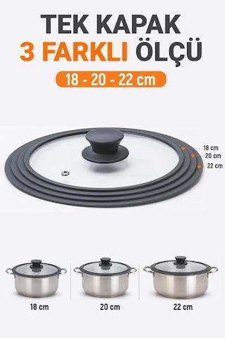 Silikon Kenarlı 3 Ölçü Cam Tencere Kapağı 18-20-22 Cm Çok Renkli
