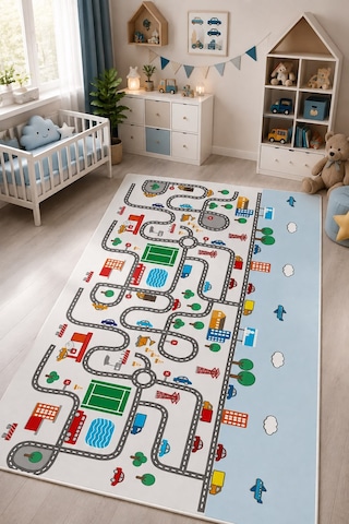 STY Home Trafik Çocuk Oyun Halısı Kaymaz Makinede Yıkanabilir Eğitici Bebek Ve Çocuk Odası Halısı Oyun70 Mavi