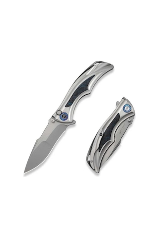 We Knife Tighe Down Gray Titanium Integral Handle With Black & Blue Carbon Fiber Inlay Stonewashed Bohler M390 Blade Drop Point Kamp Çakı Gri