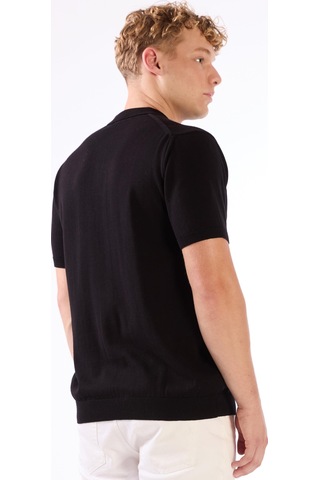 Dufy Siyah Polo Düğmeli Kısa Kollu Düz Renk Fitilli Slim Fit Erkek Triko Siyah