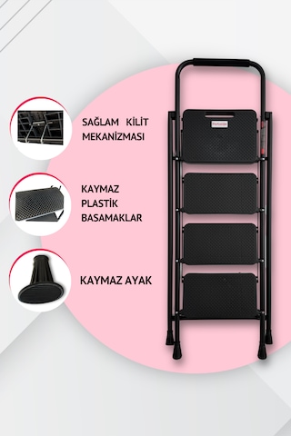 Portalife 4 Basamaklı Uzun Tutacaklı Şık Siyah Çelik Merdiven 150 Cm'ye Kadar
