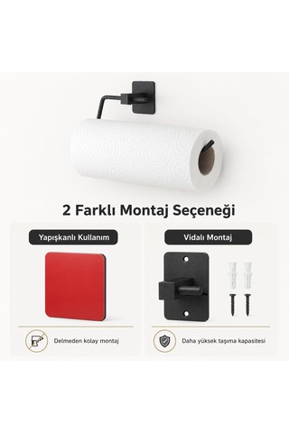 Lexroo Siyah Kare Kağıt Havluluk, Yapışkanlı Ve Vidalı Montajlı Duvara Monte Rulo Havlu Askısı