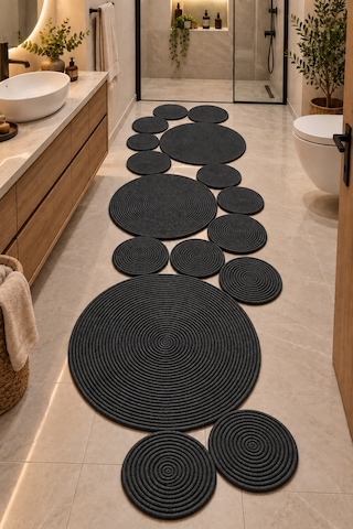 Bohem Asimetrik Jüt El Yapımı Yuvarlak Detaylı Jüt Hasır Görünümlü Dekoratif Kilim, Organik Form Modern Banyo Mutfak Koridor Halı Kilim Paspas Doğal Tasarım Siyah 934606952 Siyah