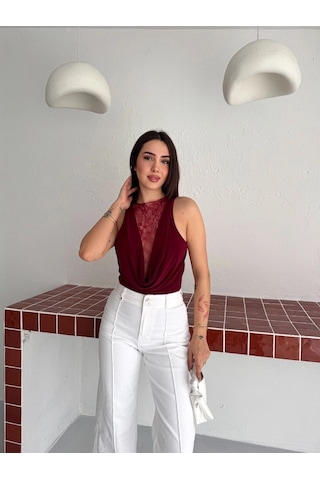 Primemagazam Kadın Dantel Detaylı Derin Dekolte Body Şık Kolsuz Yazlık Bodysuit - Bordo Çeşitli