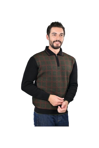 Kamalı Erkek Çelik Örgü Kazayağı Gömlek Yaka Fermuarlı Polo Yaka Tüylenmeyen Triko Kışlık Baba Kazak Siyah