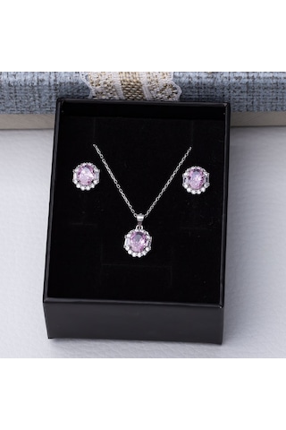 5-8 Mm Pembe Oval Zirkon Taşlı 925 Ayar Gümüş Kadın 2'li Set Gümüş