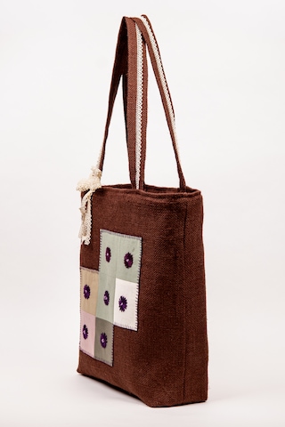 Fabric Craft Bag Kadın Omuz Çantası Jüt Kumaş Astarlı İç Cepli Aplikeli Kahverengi 43x40 Cm