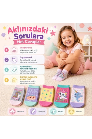 Womanandkids Wak 5 Li Kız Çocuk Çorap Seti Deniz Kızı Unicorn Desenli Pamuklu Rahat Burunlu Renkli Çok Renkli