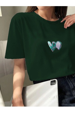 Çift Kalp Logo T-shirt - Nefti Yeşil Baskılı Oversize Bisiklet Yaka Kısa Kol Tişört Nefti Yeşil