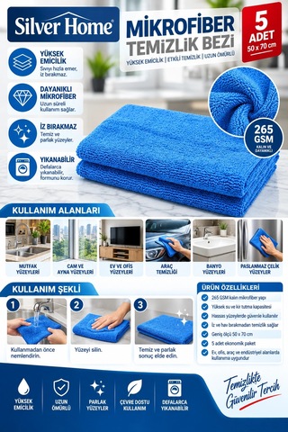 Silver Home Mavi Havlu Mikrofiber Temizlik Bezi 50x70 Cm 5 Adet
