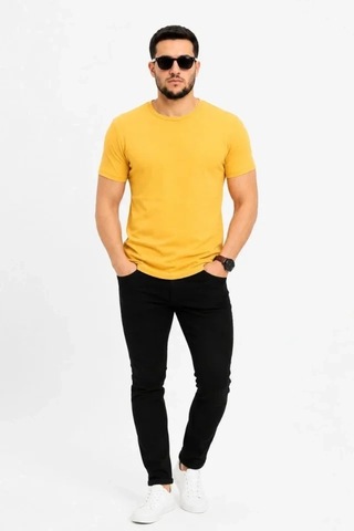 Defymoda Erkek Basic Tişört Bisiklet Yaka Kısa Kol Günlük Yazlık Slim Fit T-shirt - Sarı