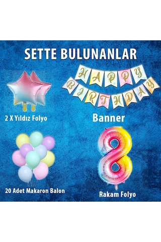 Gökkuşağı Konsepti 8 Yaş Doğum Günü Parti Kutlama Seti Rakam Ve