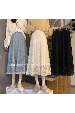Sonbahar Ve Kış Yüksek Belli Dantel Etek Orta Boy Tüm Maç Düz Renk Çiçek Kayısı