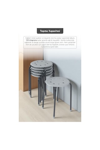 İronika Otto Metal Gövdeli Modern Tabure Mutfak Bahçe Taburesi - 6 Adet Gri Gri
