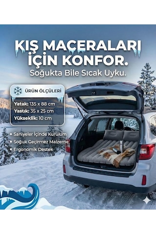 Araç İçi Şişme Yatak - Soğuk Geçirmez Kamp Matı + 2 Yastık+ Pompa 135x88 Cm, Gri Diğer