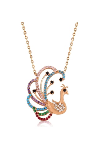 Kadın Renkli Zirkon Taşlı Gümüş Rose Tavus Kuşu Kolye N076801 Rose Gold