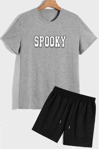 Uyguntarz Rahat Tasarım Spooky Şort T-shirt Eşofman Takımı Gri