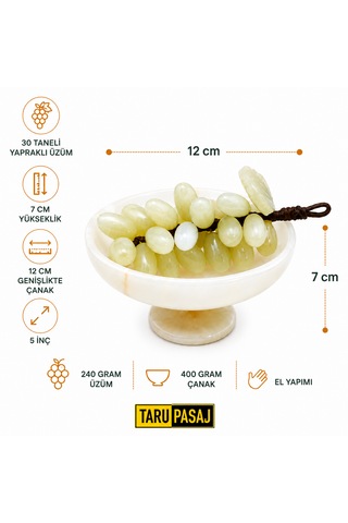 Feng Shui Bereket Üzümü Ve Van Taşı Ayaklı Çanak Seti 30 Taneli Doğal Taş Üzüm Salkımı Dekor 5 İnç El Yapımı Çanak Yeşil