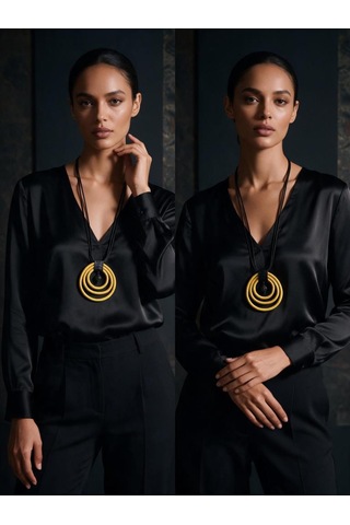 Üçlü Sarı Halka Tasarım Örgü Deri Kadın Kolye - Modern Boho Uzun İpli Madalyon Kolye