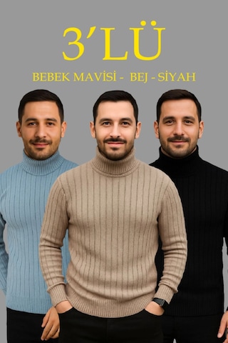 Butik İstanbul Erkek Fitilli Triko Kazak 3lü Set Bebek Mavisi Bej Siyah Regular Balıkcı Yaka Tam Boğazlı Triko Seti Modeli Kazak Bebek Mavisisiyah