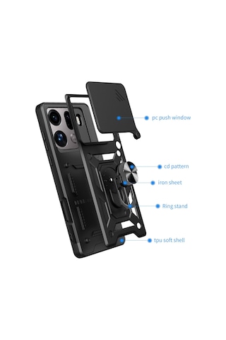 Teleplus Oppo Find X9 Pro Kılıf Magnetik Standlı Kamera Korumalı Slide Sürgülü Cover Kapak Siyah