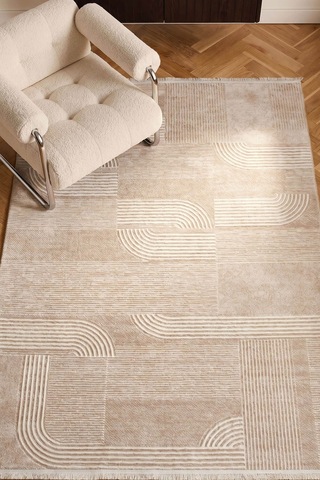 Sembol 2910 Bej Modern Geometrik Akrilik Mutfak Halısı