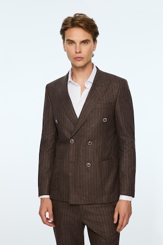 Morven Erkek Kahve Keten Trend Çizgili Slim Fit Sivri Yaka Kruvaze Takım Elbise 26ys001001400 Kahve