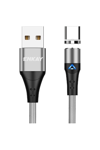 Enkay 3a Usb To Type-c Manyetik Hızlı Şarj Veri Kablosu Led Işıkla, Uzunluk: 1m Gümüş