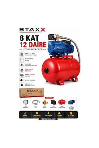 Staxx Hd6k12 1.5 Hp 50 Lt Hidrofor Otomatik Su Pompası Bakır 6 Kat 12 Daire Apartman Villa Hidrofor