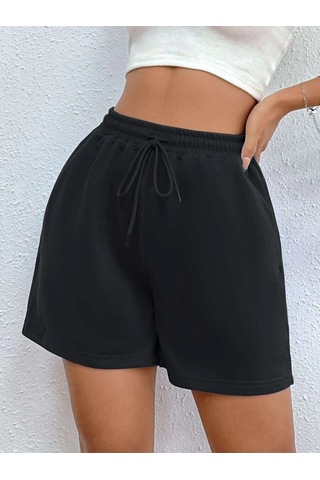 Siyah Kısa Basic Şort - Penye Baskısız Kordonlu Siyah