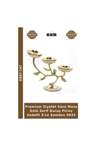 Premium Ziyafet Süsü Masa Üstü Zarif Duruş Pirinç Sedefli 3'lü Şamdan 5935 Çok Renkli
