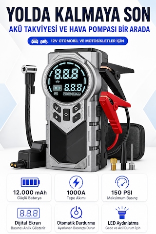 12000 Mah 1000a Hava Kompresörlü Akü Takviye Cihazı 150 Psı Dijital Lastik Şişirme Pompası Pg9081