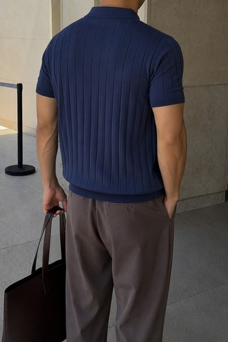 Tarz Cool Erkek Çizgili Triko Polo Yaka Tişört Slim Fit Premium Pamuklu Yazlık Polo Lacivert