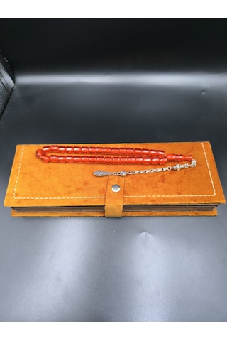 Osmanlı Benzetme Çubuk Sıkma Tesbih Mercan Kırmızısı, 9,5x9 Mm Gümüş