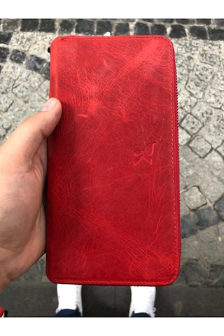 Karalı Deri Unisex Kırmızı Hakiki Deri Telefon Bölmeli Kartlıklı Cüzdan El Portföyü Kırmızı