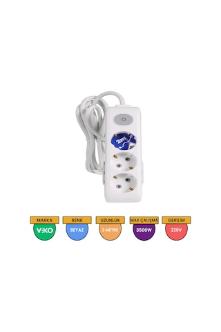 Viko Multi-let 3'lü Grup Priz Anahtarlı Topraklı Çocuk Korumalı 2 M Beyaz - 90117302