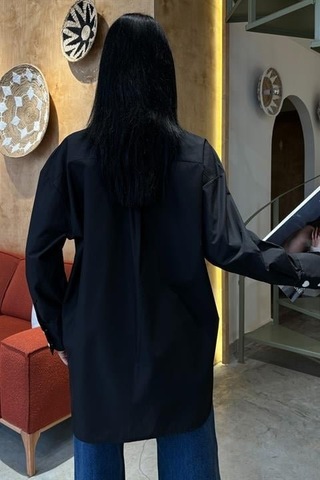 Kalp Nakışlı Ve Düğme Detaylı Oversize Gömlek 3430 Si Yah