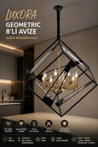 Modern Premium Siyah Metal Kafes Sarkıt Avizesi 8 Ampül Hediyeli X E14 Duy Salon Mutfak Modelleri