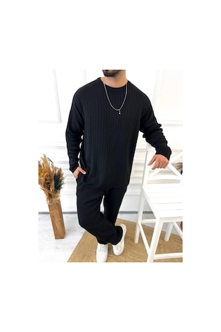 Uzun Kollu Tişört Fitilli Örme Triko Yumuşak Dokulu Tüylenmez Pamuklu Kazak Sweatshirt Siyah